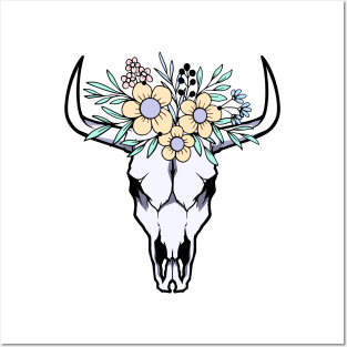 Cow Skull With Flowers Posters and Art